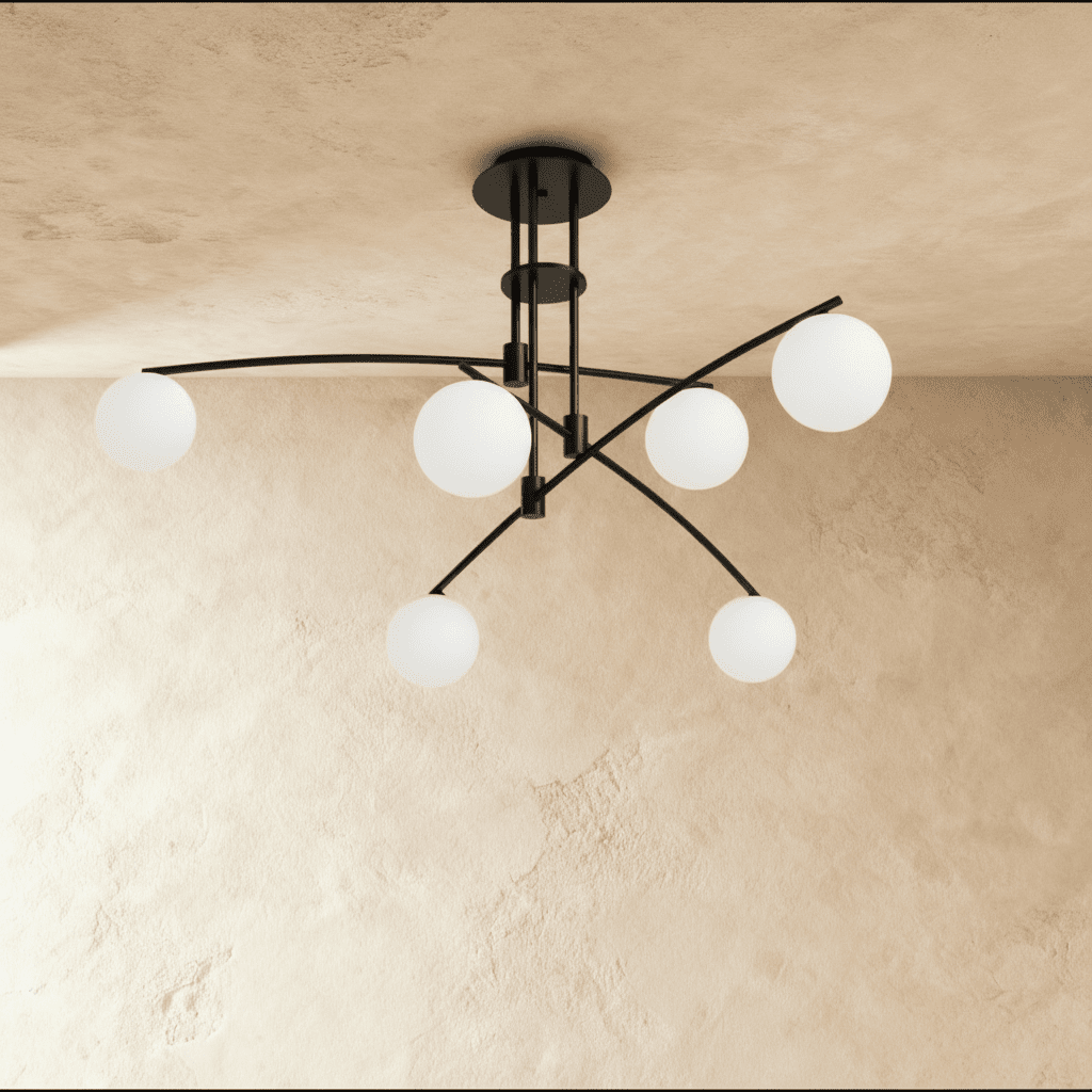 Asymmetrical Iron Halo Ceiling Lamp With Frosted Glass Orbs