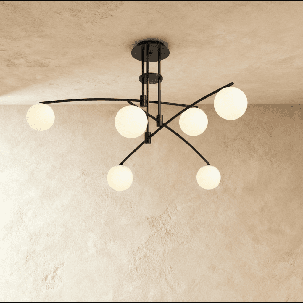 Asymmetrical Iron Halo Ceiling Lamp With Frosted Glass Orbs