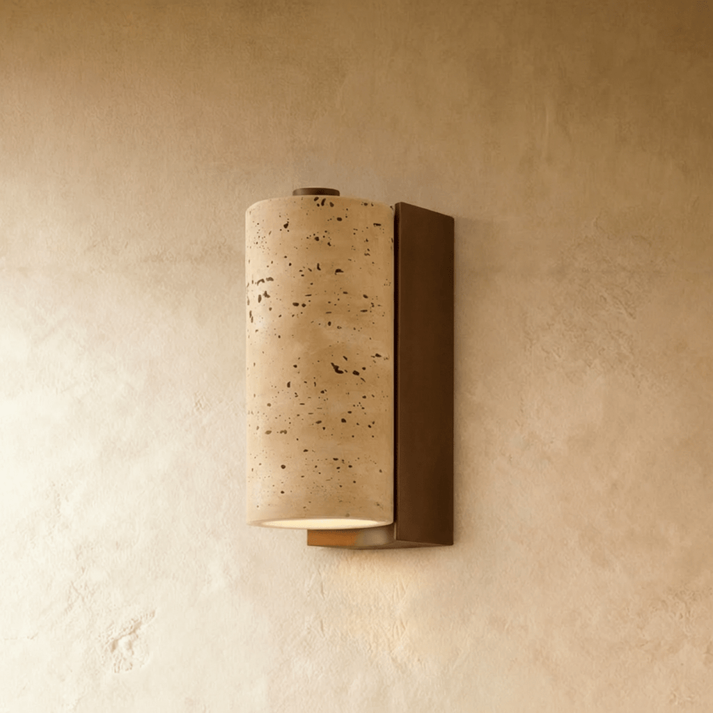 TerraLume Travertine Wood Wall Lamp With Cylindrical Shade For Warm Glow