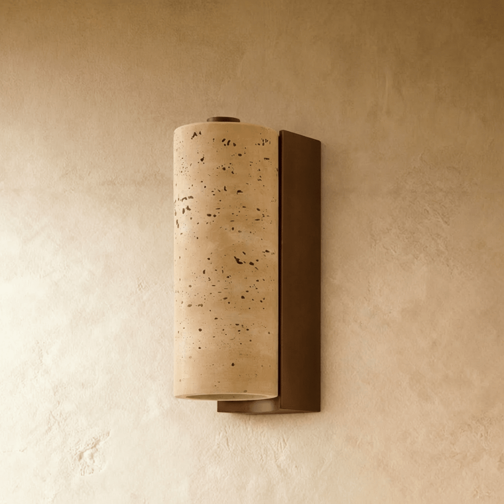 TerraLume Travertine Wood Wall Lamp With Cylindrical Shade For Warm Glow