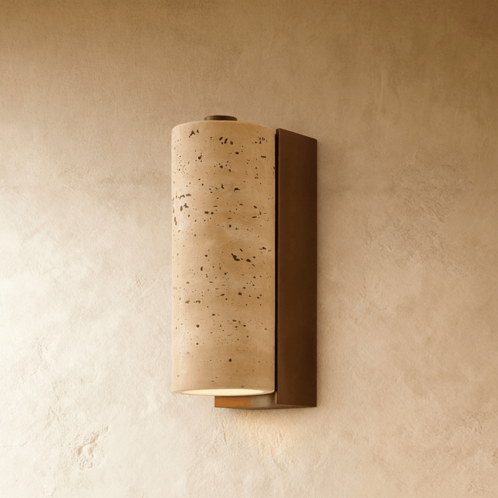 TerraLume Travertine Wood Wall Lamp With Cylindrical Shade For Warm Glow