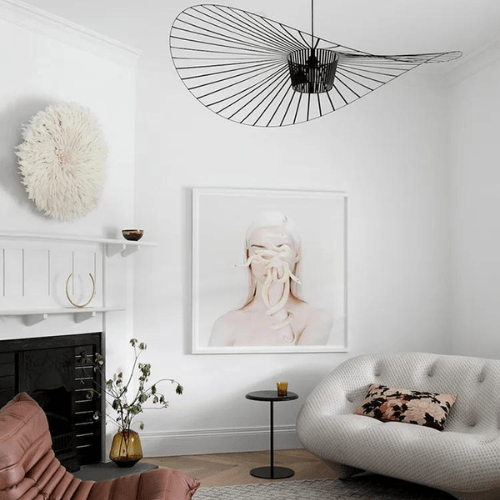 Lustr ve stylu art deco, železná konstrukce Vexaera s látkovým stínidlem