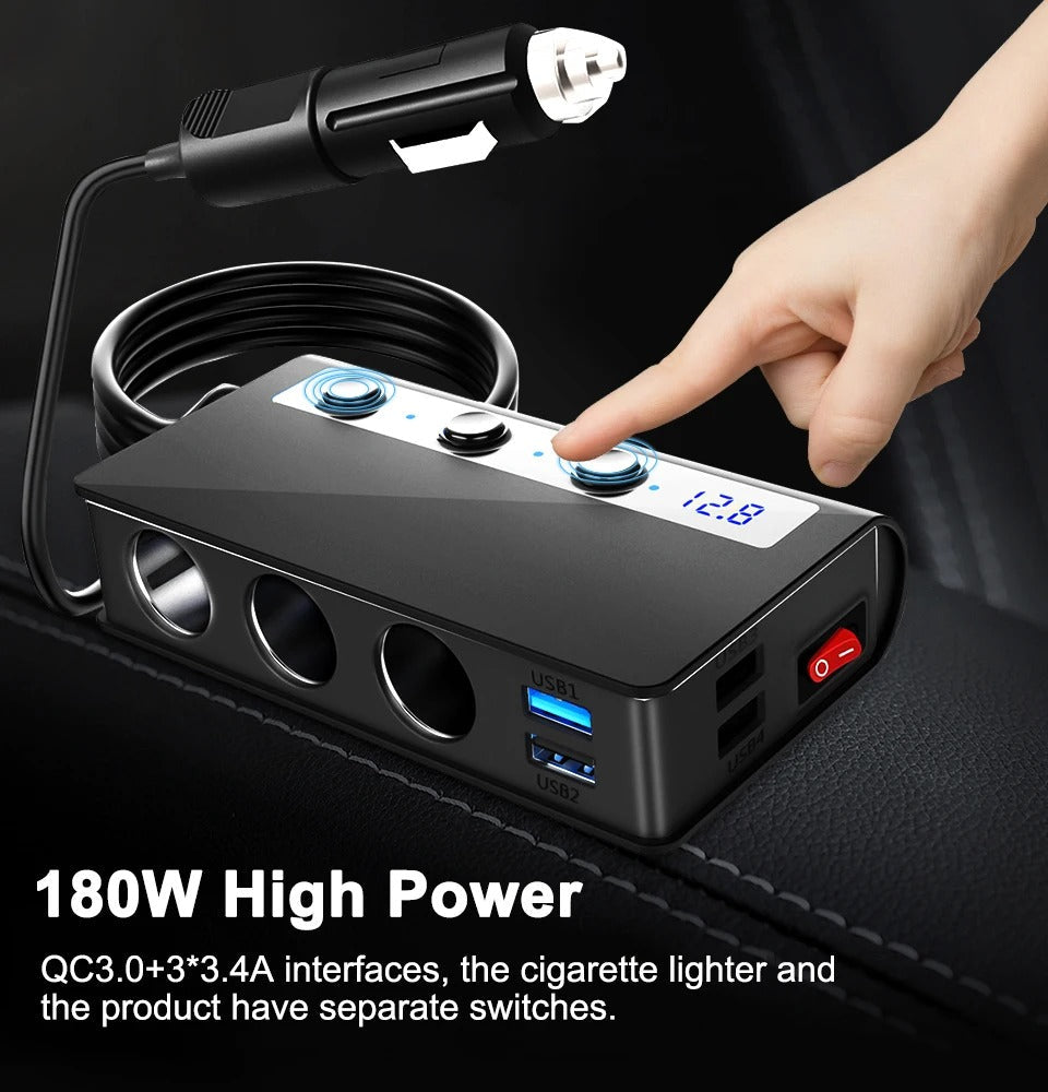 Samochodowa ładowarka NovaCharge 180 W z funkcją szybkiego ładowania, portami USB i gniazdem zapalniczki