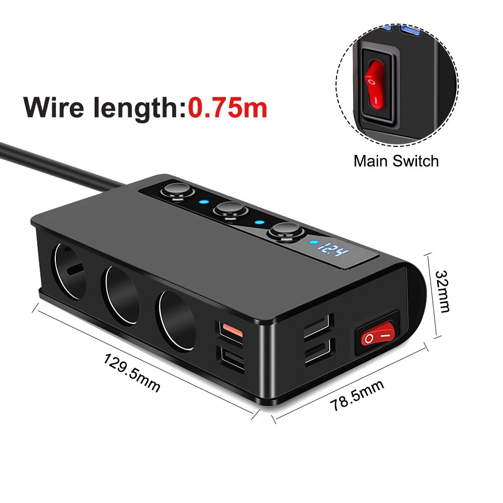 Samochodowa ładowarka NovaCharge 180 W z funkcją szybkiego ładowania, portami USB i gniazdem zapalniczki