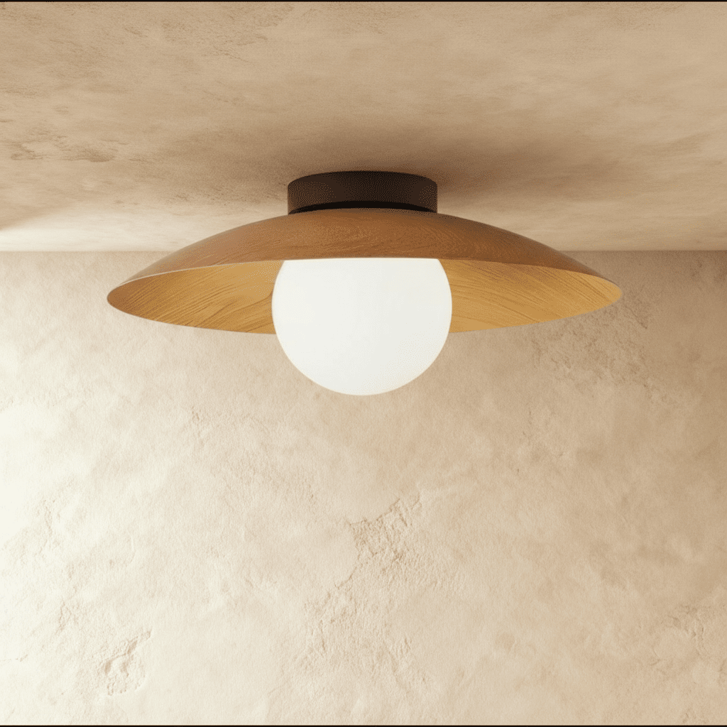 Woodland Mist LED Ceiling Light With Frosted Glass Globe And Wooden Shade