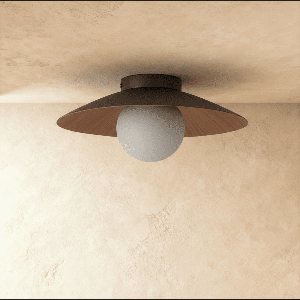 Woodland Mist LED Ceiling Light With Frosted Glass Globe And Wooden Shade