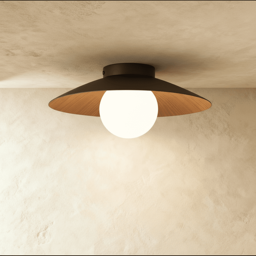 Woodland Mist LED Ceiling Light With Frosted Glass Globe And Wooden Shade