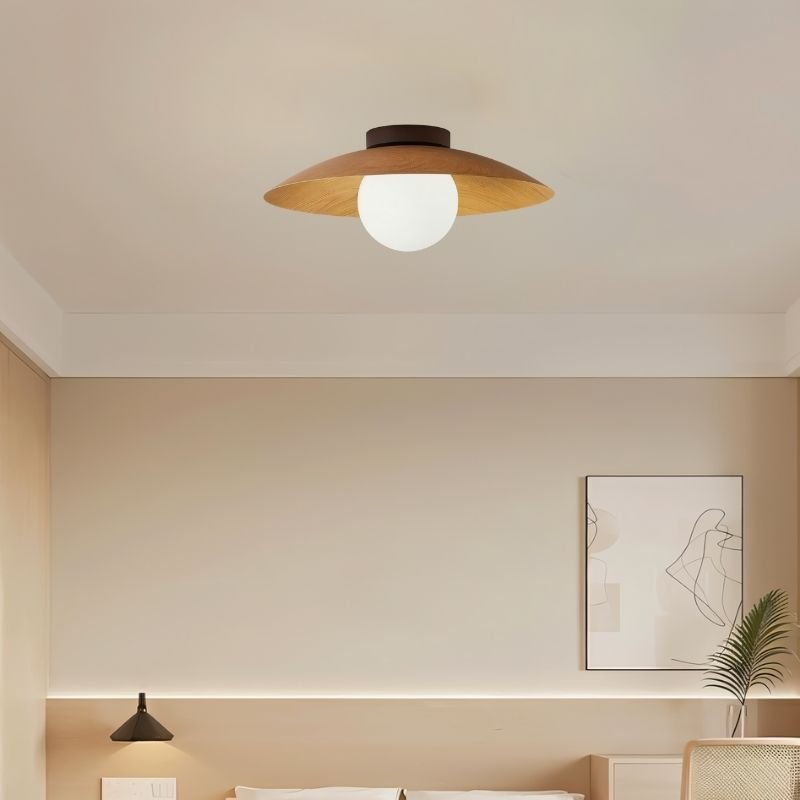 Woodland Mist LED Ceiling Light With Frosted Glass Globe And Wooden Shade