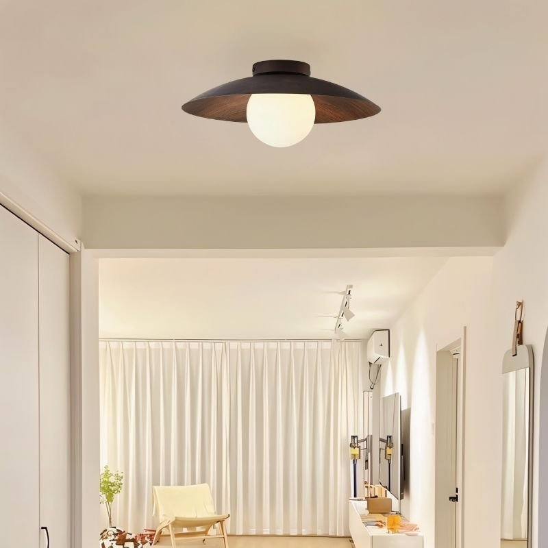 Woodland Mist LED Ceiling Light With Frosted Glass Globe And Wooden Shade