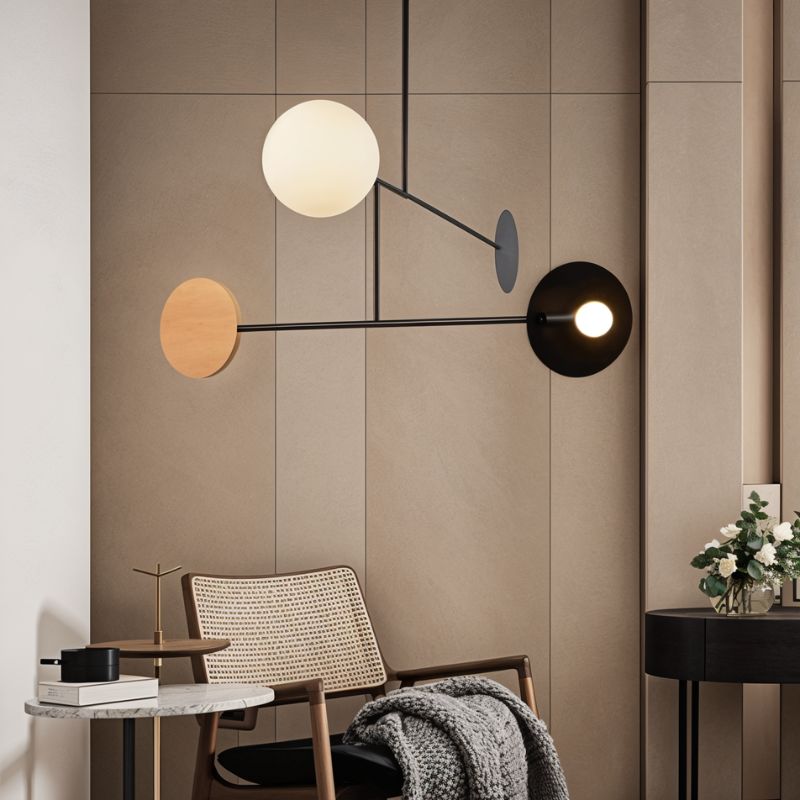 NovaOrb Hovering Kinetic Pendant Chandelier With Wood Steel And Glass Orbs