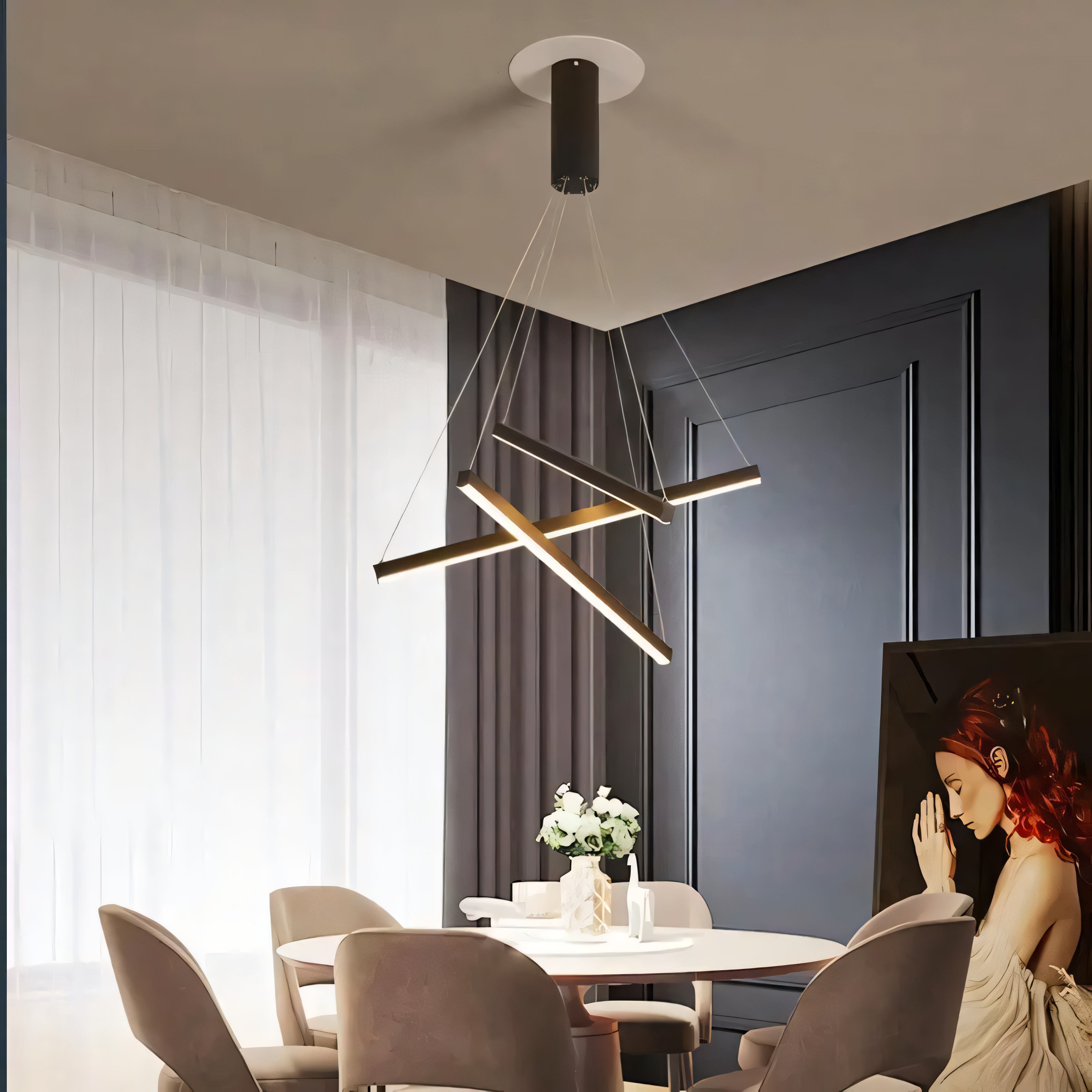 Nested Bar Chandelier, 3 to 9 Linear Tiers, Remote-Adjustable Light