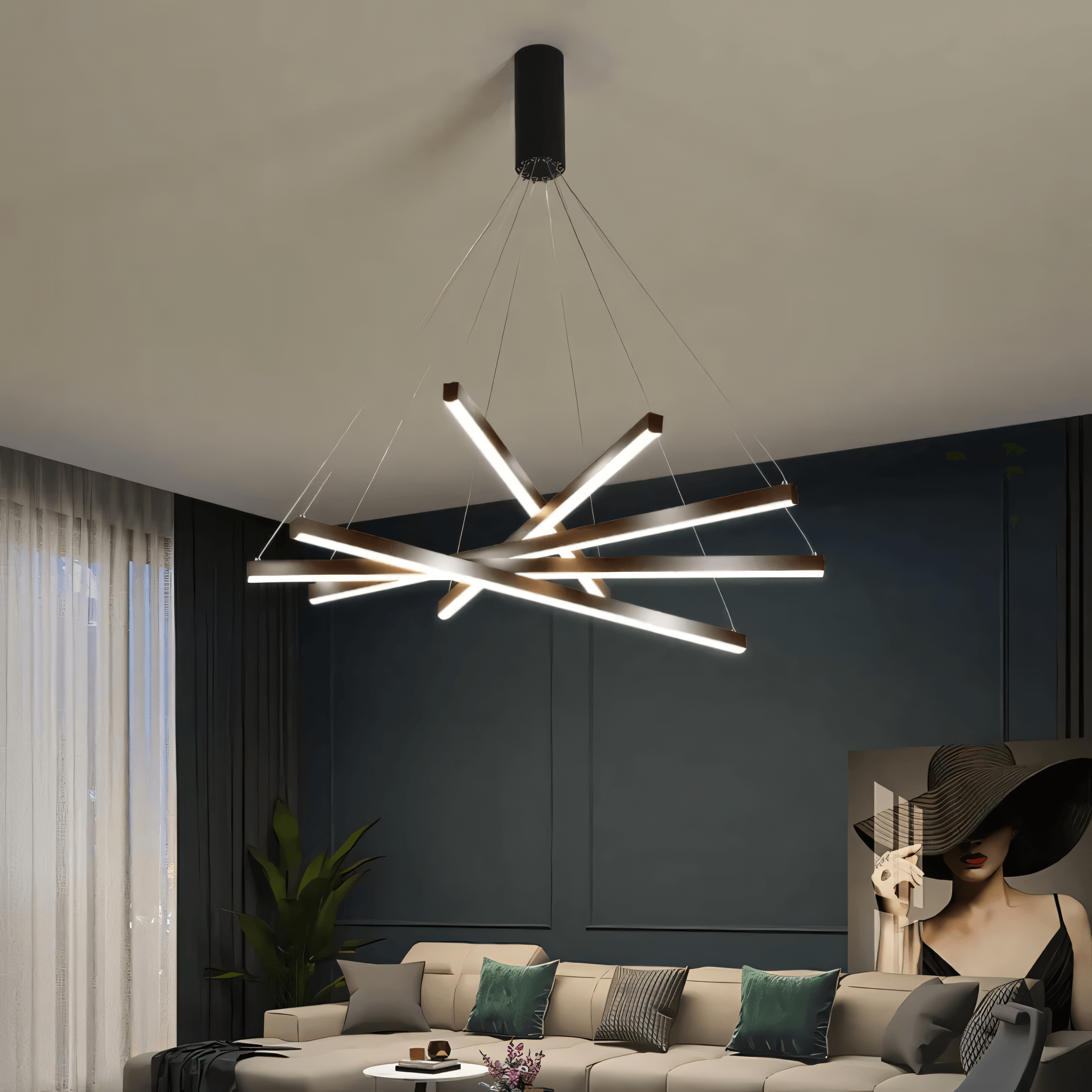 Nested Bar Chandelier, 3 to 9 Linear Tiers, Remote-Adjustable Light