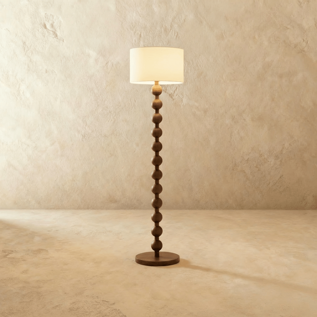 Wooden Sphere Floor Lamp With Sculptural Slim Column And Ambient Glow