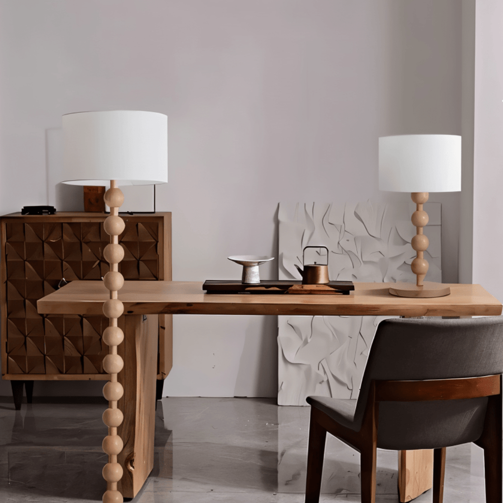 Wooden Sphere Floor Lamp With Sculptural Slim Column And Ambient Glow