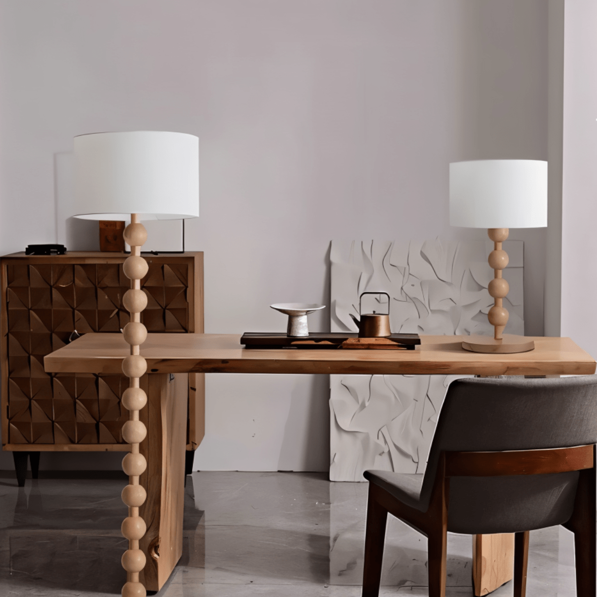 Wooden Sphere Floor Lamp With Sculptural Slim Column And Ambient Glow