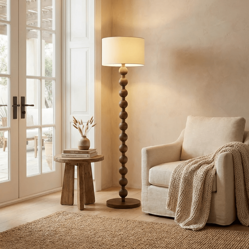 Wooden Sphere Floor Lamp With Sculptural Slim Column And Ambient Glow