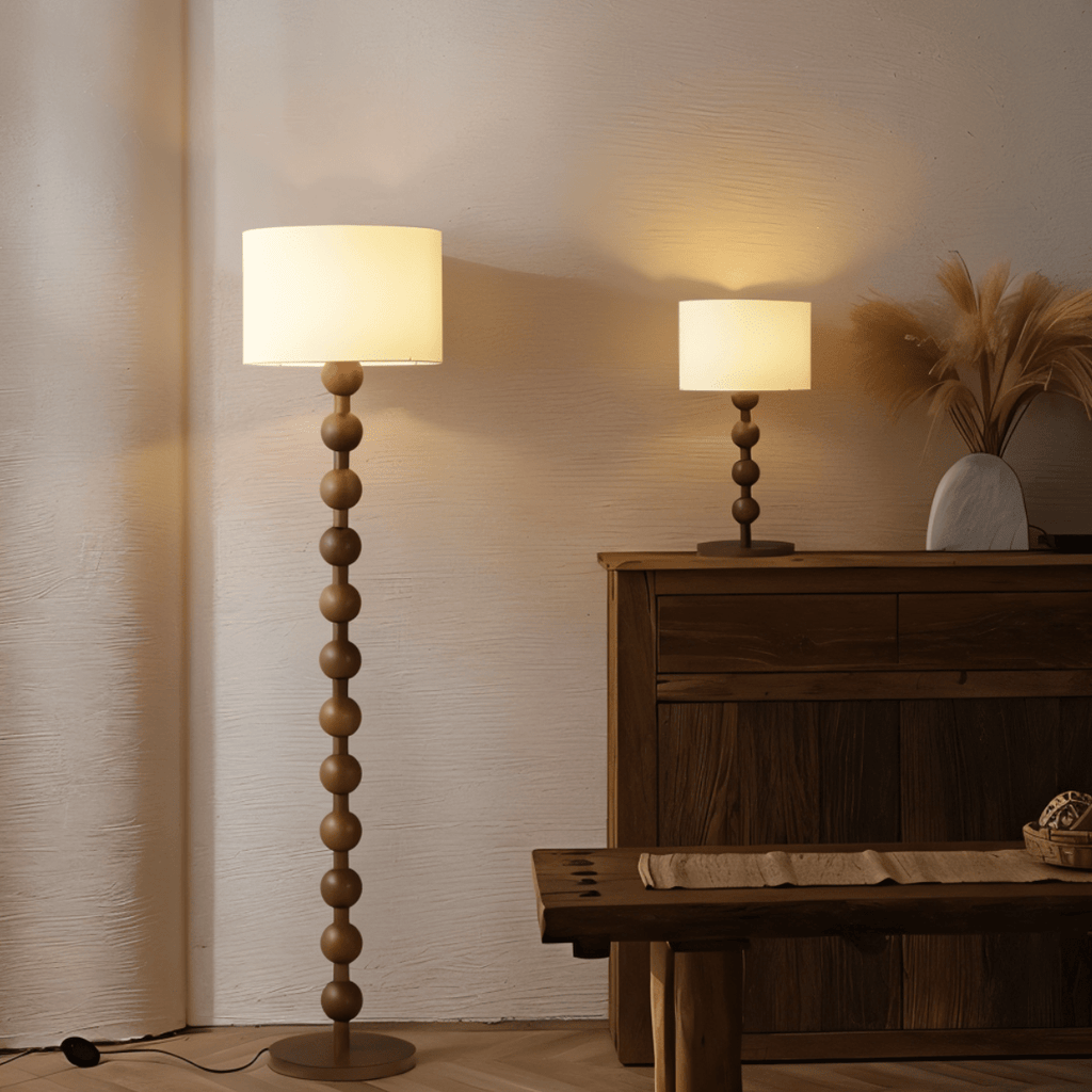 Wooden Sphere Floor Lamp With Sculptural Slim Column And Ambient Glow