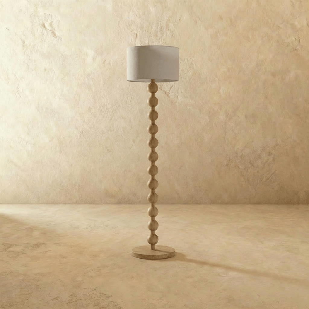 Wooden Sphere Floor Lamp With Sculptural Slim Column And Ambient Glow
