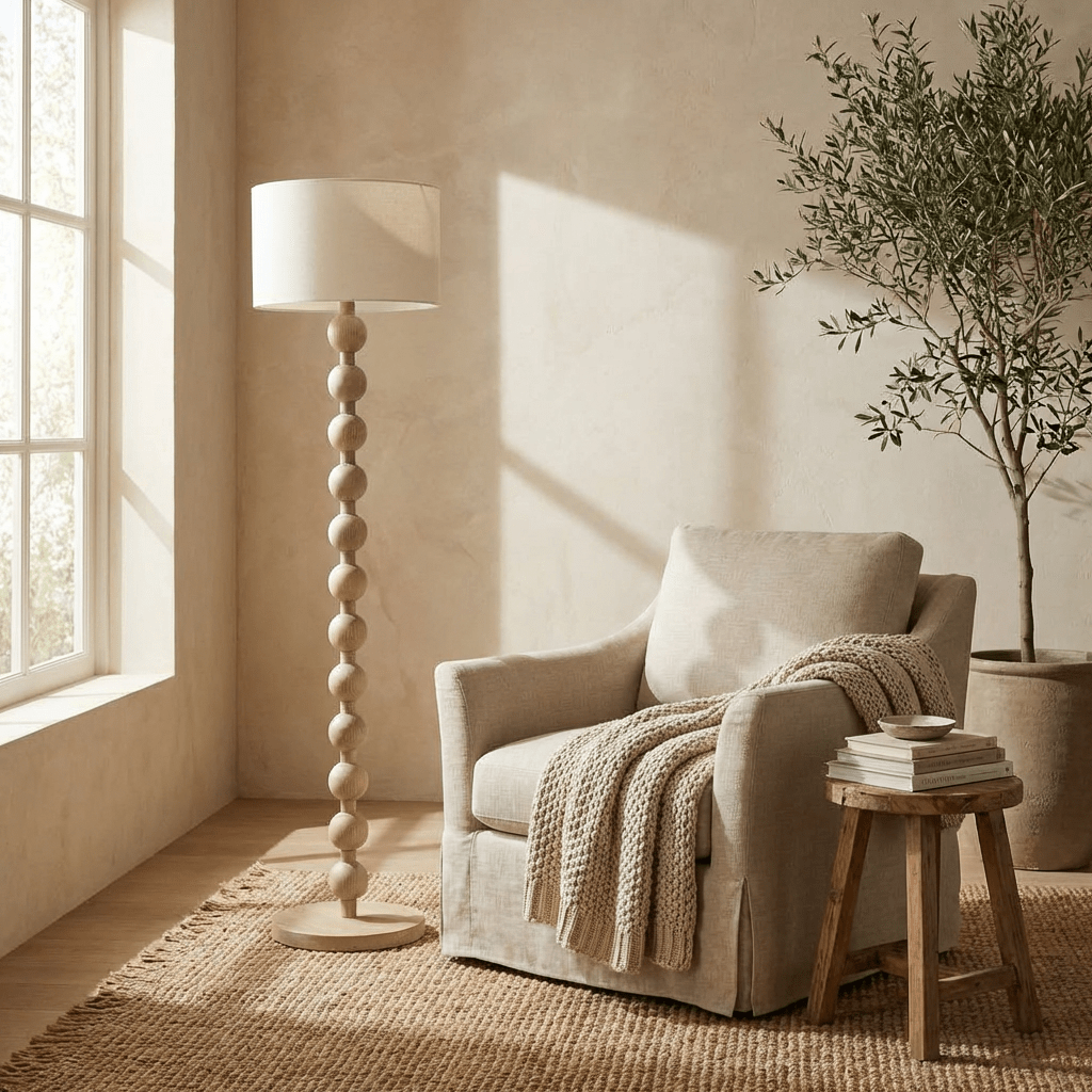 Wooden Sphere Floor Lamp With Sculptural Slim Column And Ambient Glow