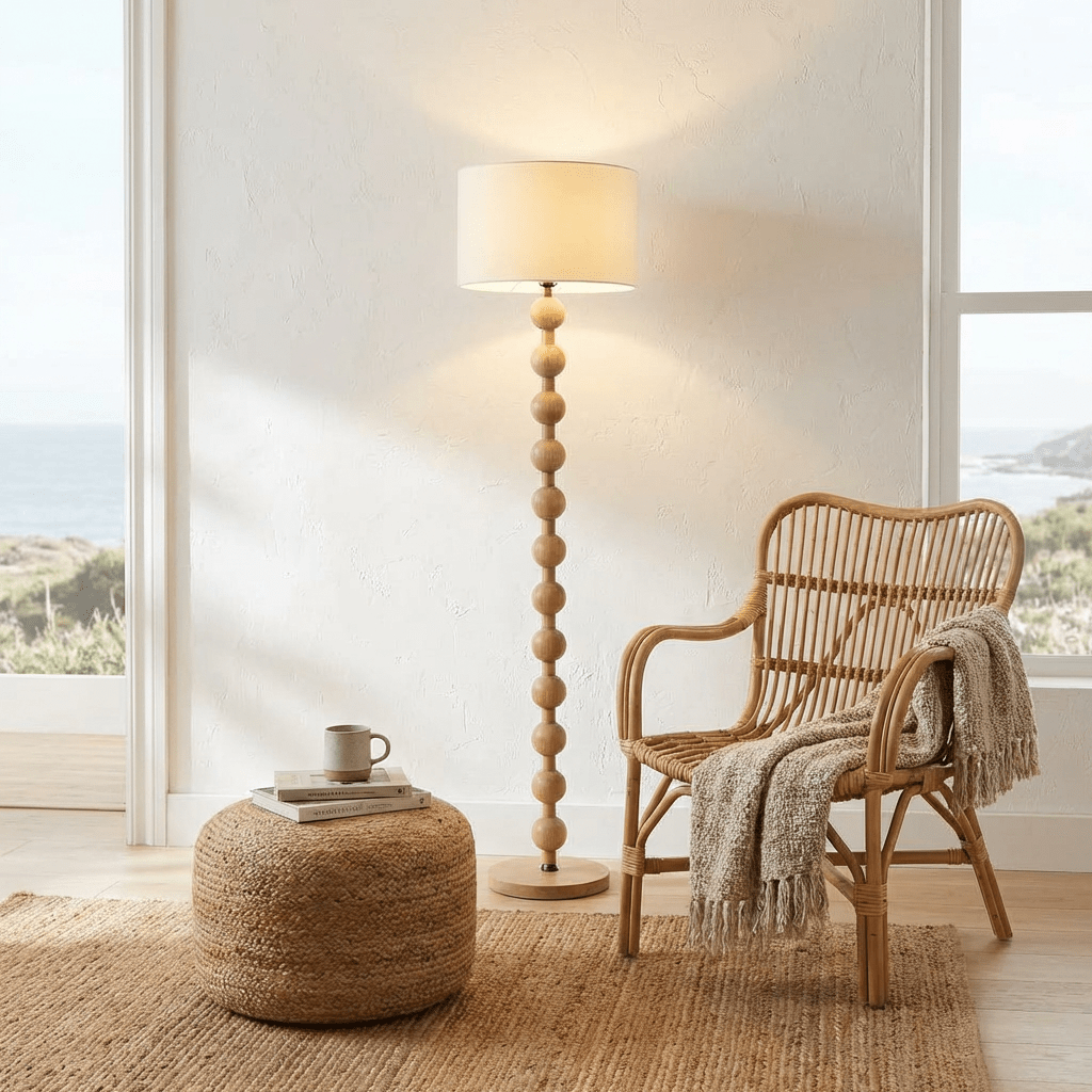 Wooden Sphere Floor Lamp With Sculptural Slim Column And Ambient Glow