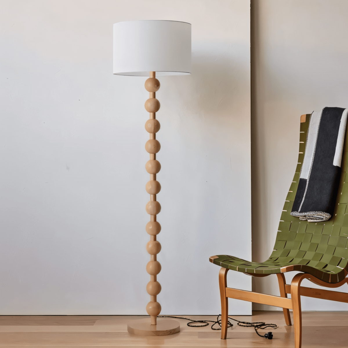 Wooden Sphere Floor Lamp With Sculptural Slim Column And Ambient Glow