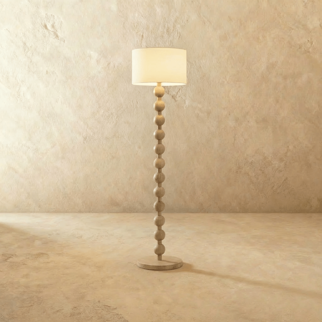 Wooden Sphere Floor Lamp With Sculptural Slim Column And Ambient Glow