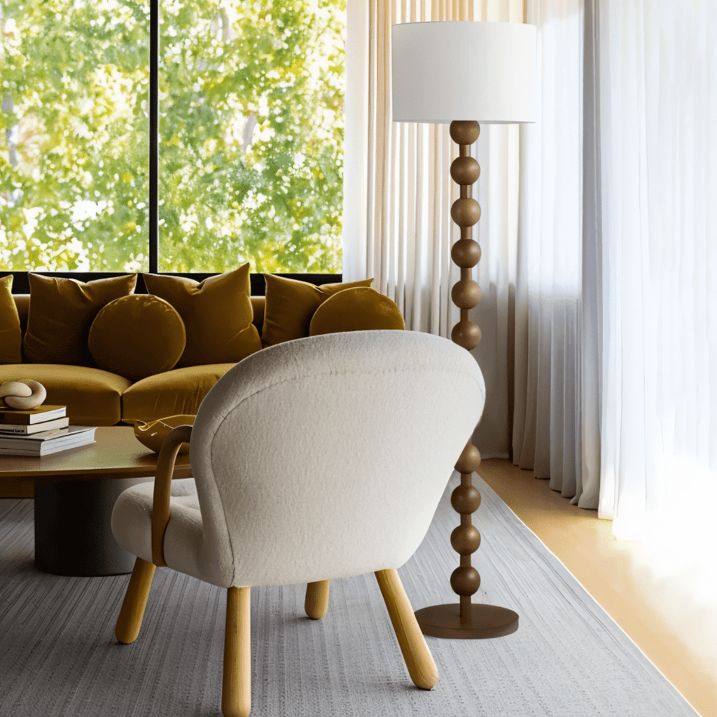 Wooden Sphere Floor Lamp With Sculptural Slim Column And Ambient Glow