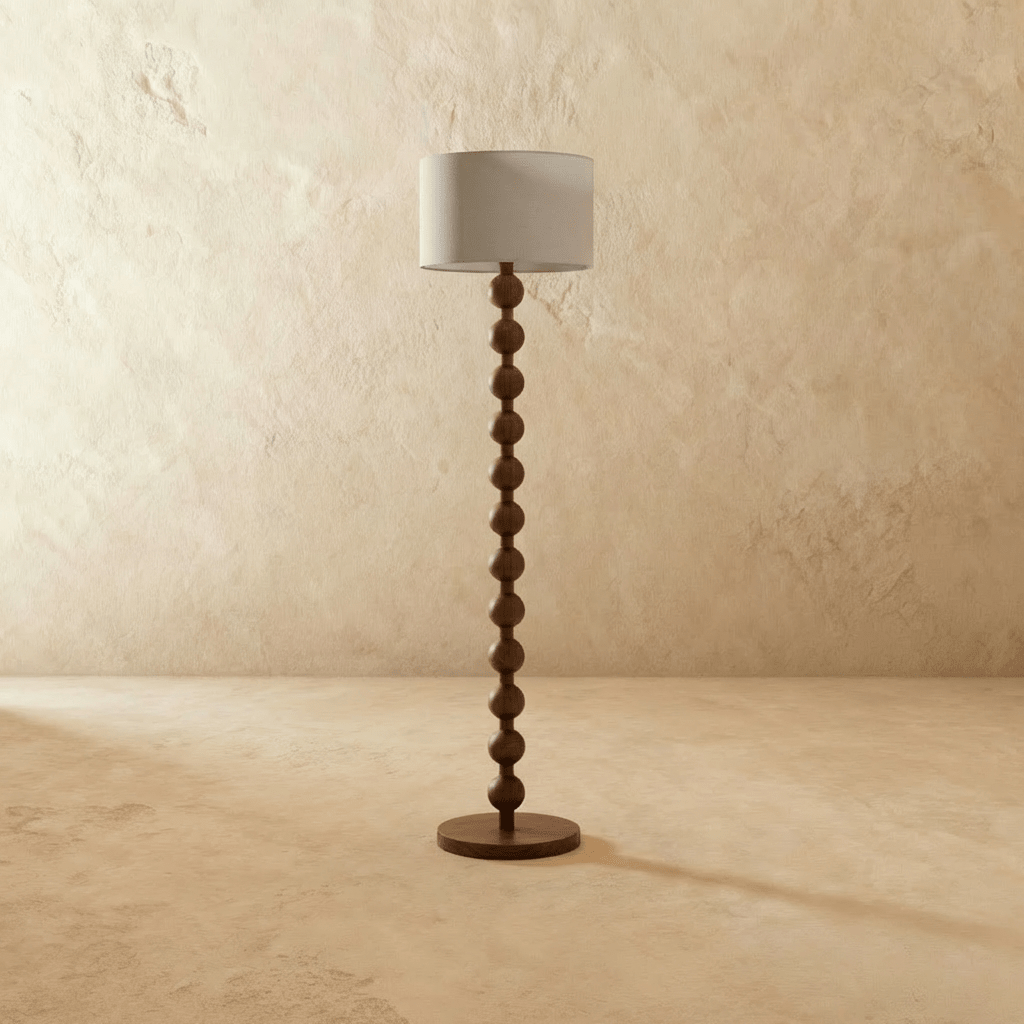 Wooden Sphere Floor Lamp With Sculptural Slim Column And Ambient Glow