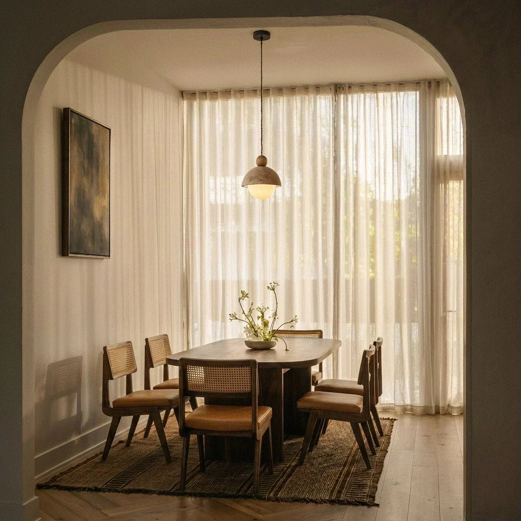 Solara Dome Travertine Pendant Light With Walnut Wood Accent