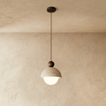 Solara Dome Travertine Pendant Light With Walnut Wood Accent