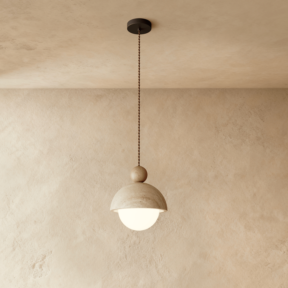 Solara Dome Travertine Pendant Light With Walnut Wood Accent