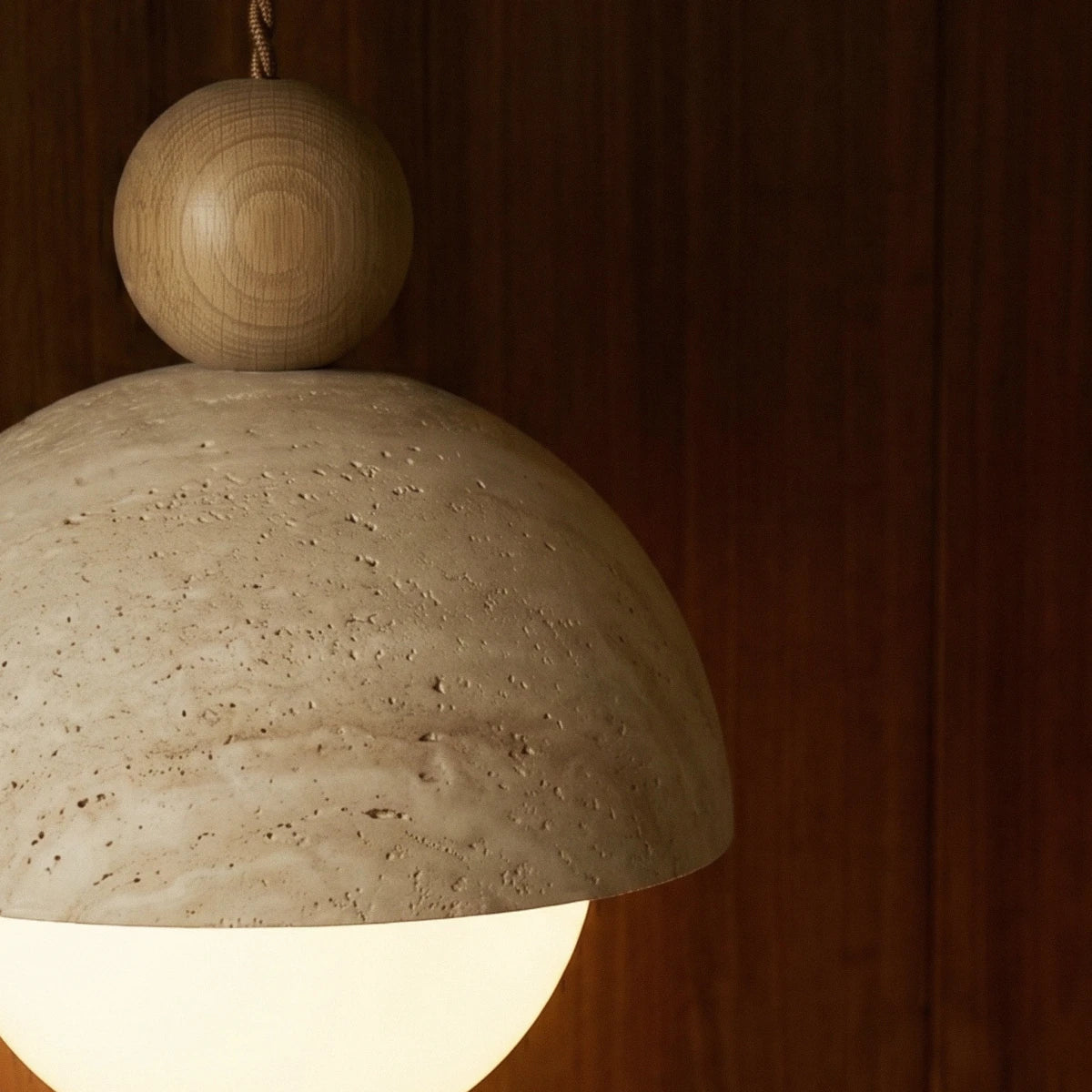 Solara Dome Travertine Pendant Light With Walnut Wood Accent