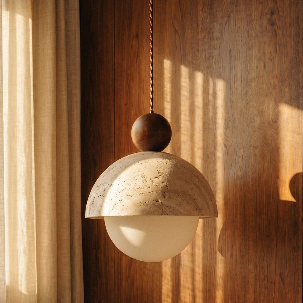 Solara Dome Travertine Pendant Light With Walnut Wood Accent