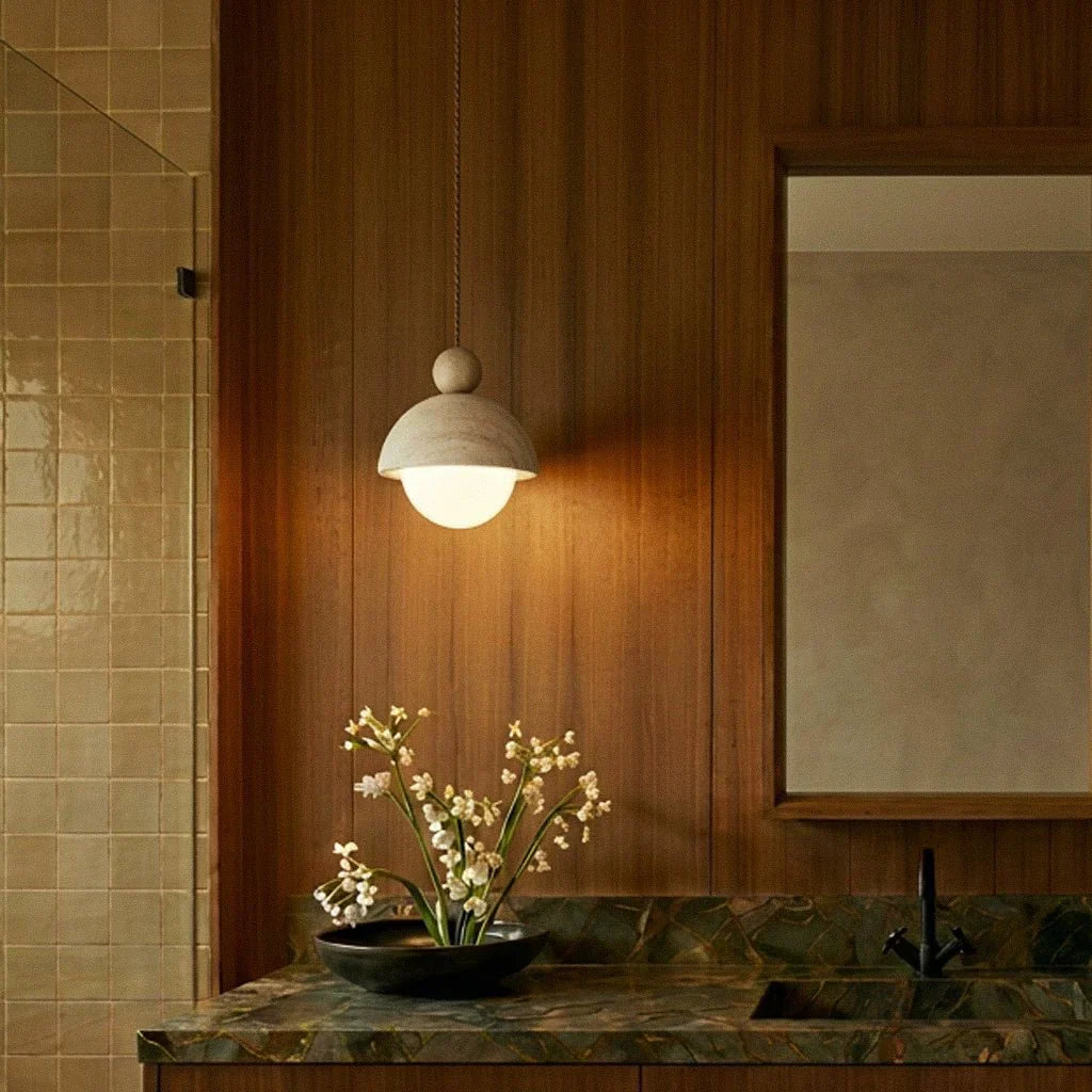 Solara Dome Travertine Pendant Light With Walnut Wood Accent