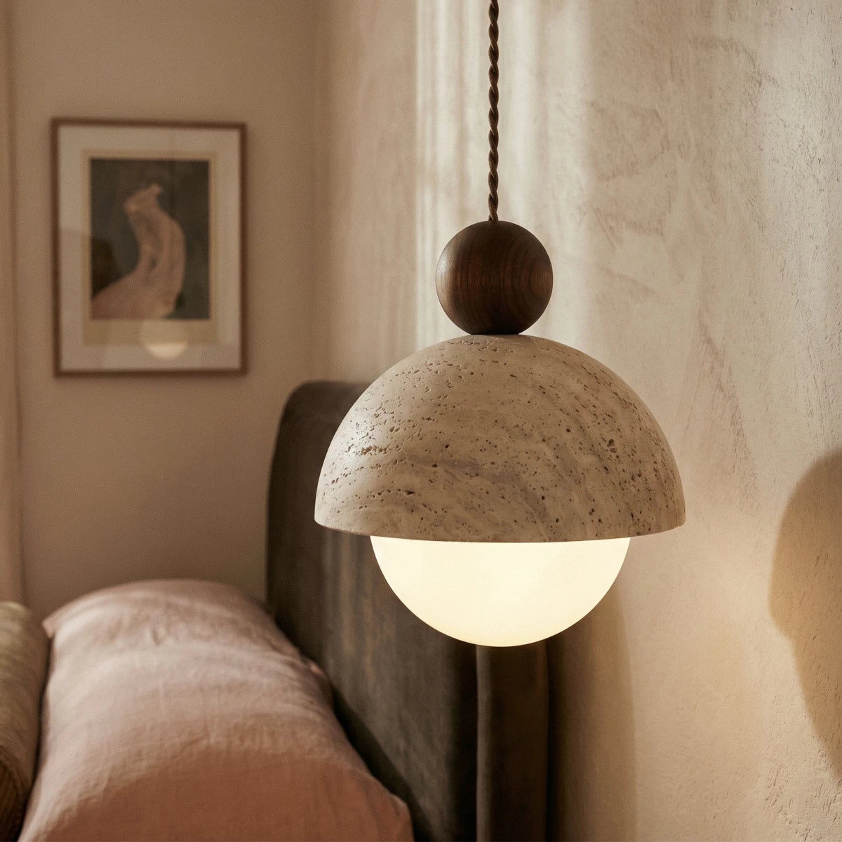 Solara Dome Travertine Pendant Light With Walnut Wood Accent