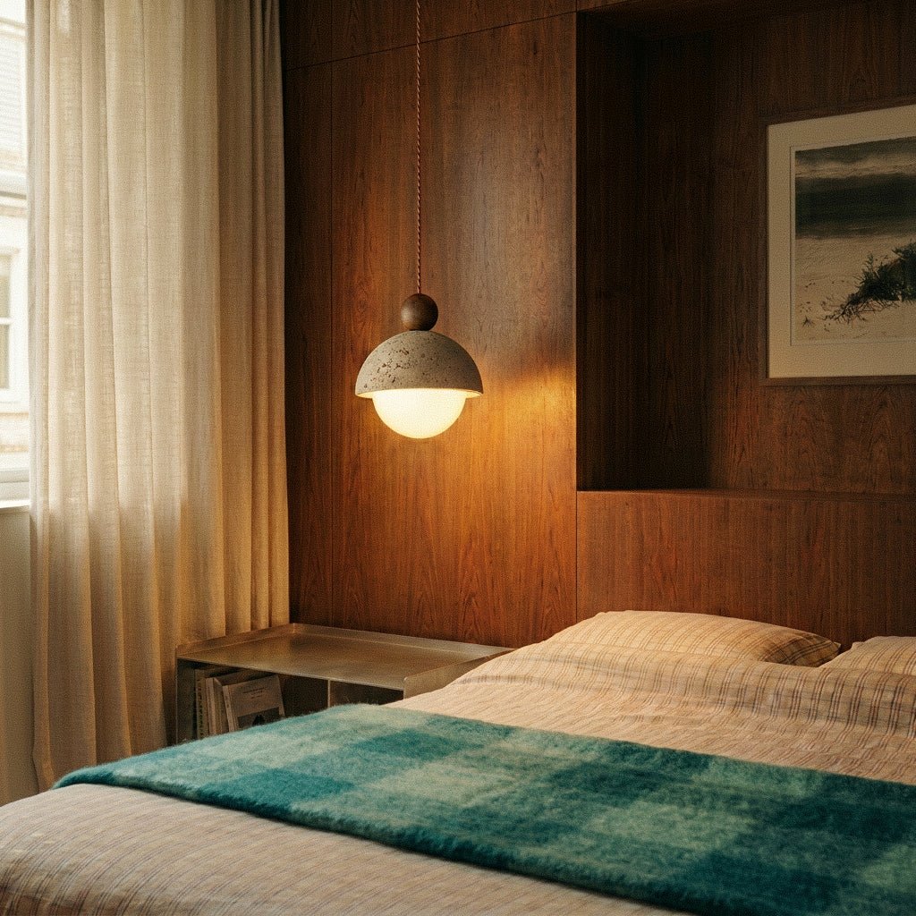 Solara Dome Travertine Pendant Light With Walnut Wood Accent