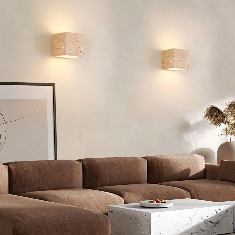 LuminaStone Travertine Wall Lamp Modern Yellow Stone Light Rectangular And Cube
