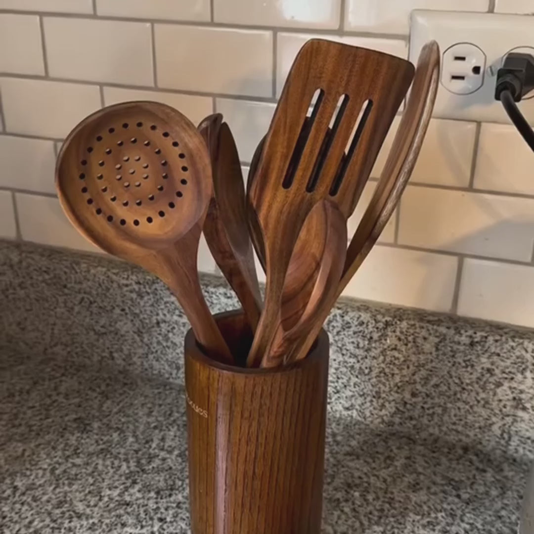 Ensemble d’ustensiles de cuisine en bois naturel ForestCraft pour cuisiniers amateurs