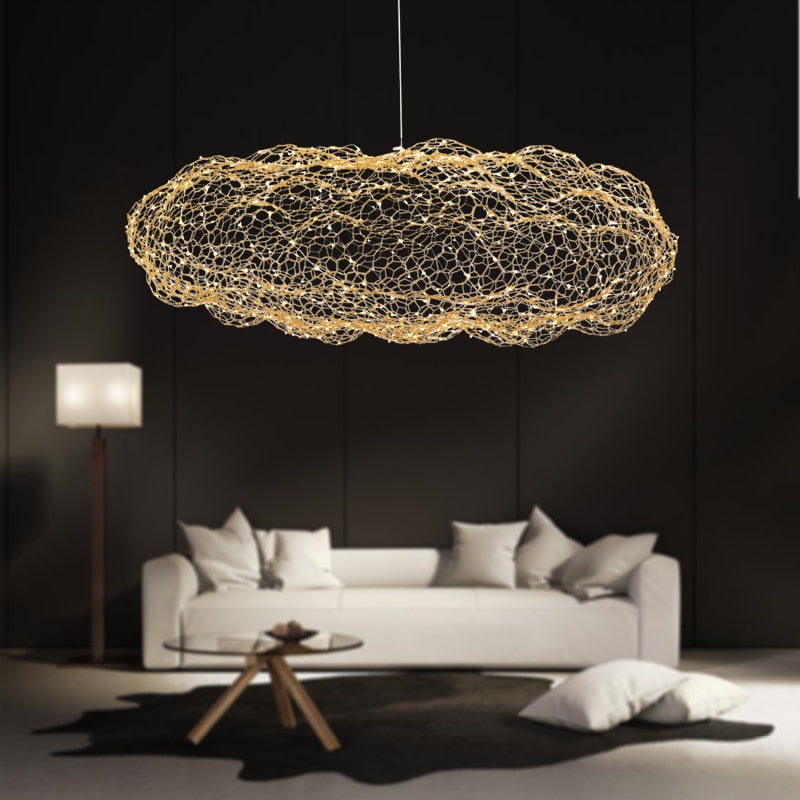 Candeeiro de Nuvem em Ferro Moldado à Mão com Brilho LED Estrelado, Acabamento Dourado ou Branco
