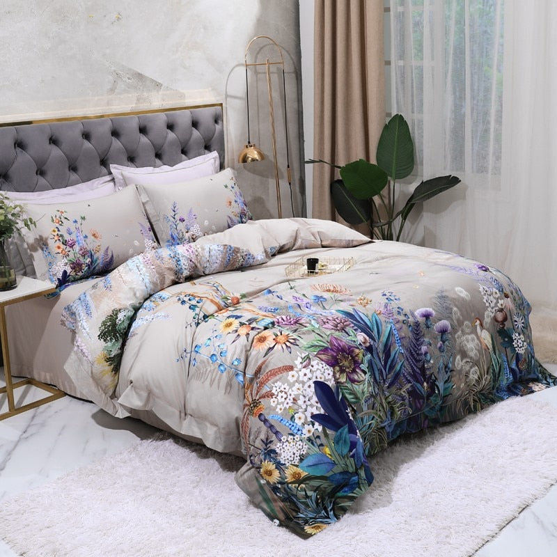 Parure de housse de couette, motif floral et oiseaux Aurelia, coton égyptien