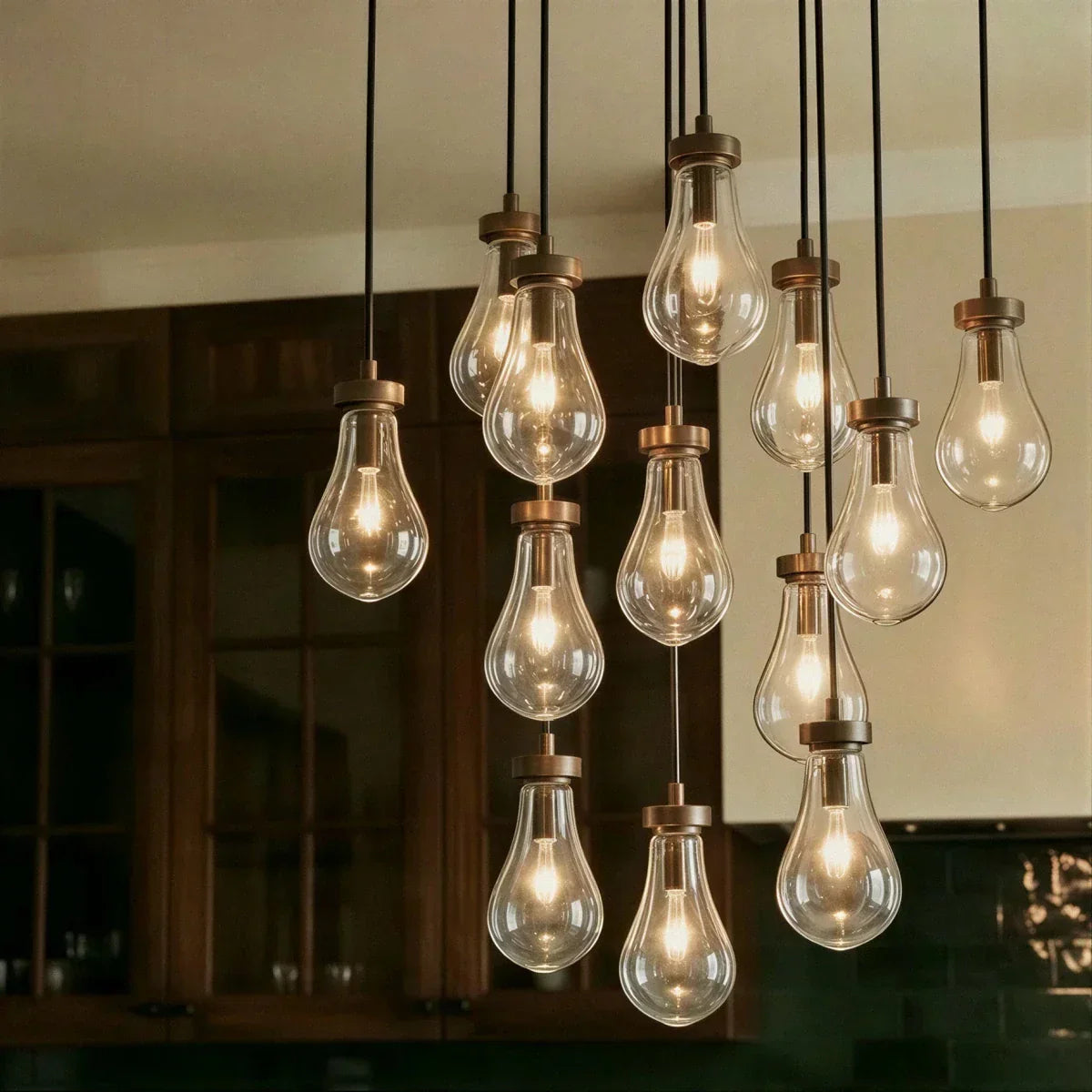 AquaLume Raindrop Glass Chandelier with Underwater Glow and Metal Frame