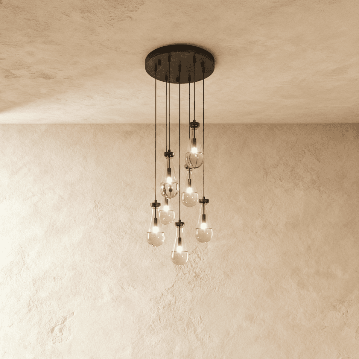 AquaLume Raindrop Glass Chandelier with Underwater Glow and Metal Frame