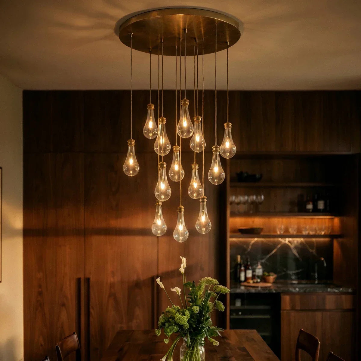 AquaLume Raindrop Glass Chandelier with Underwater Glow and Metal Frame