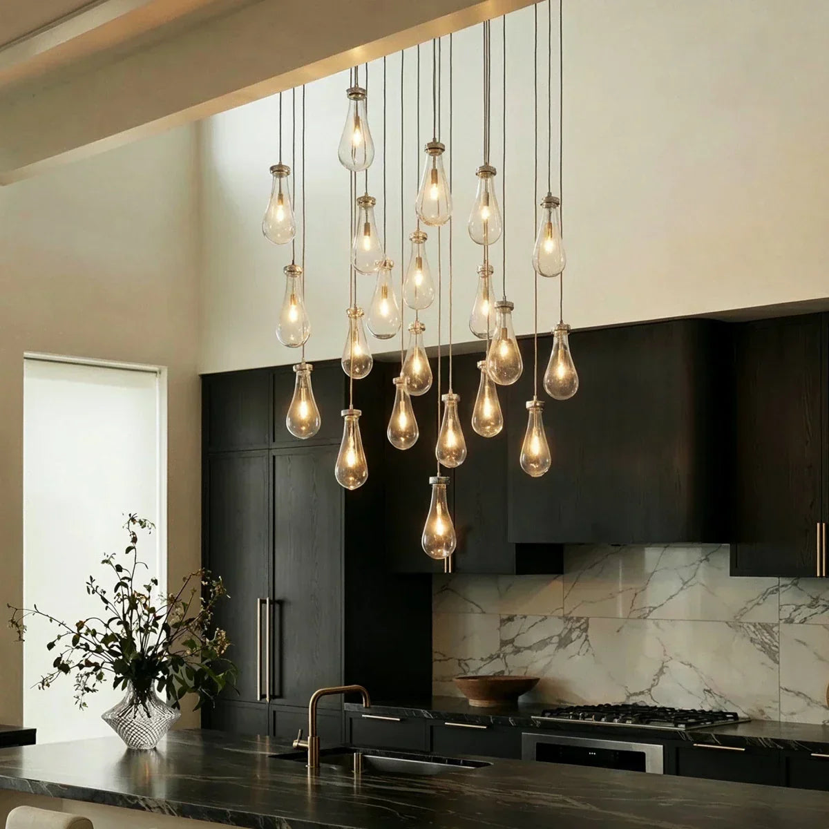 AquaLume Raindrop Glass Chandelier with Underwater Glow and Metal Frame
