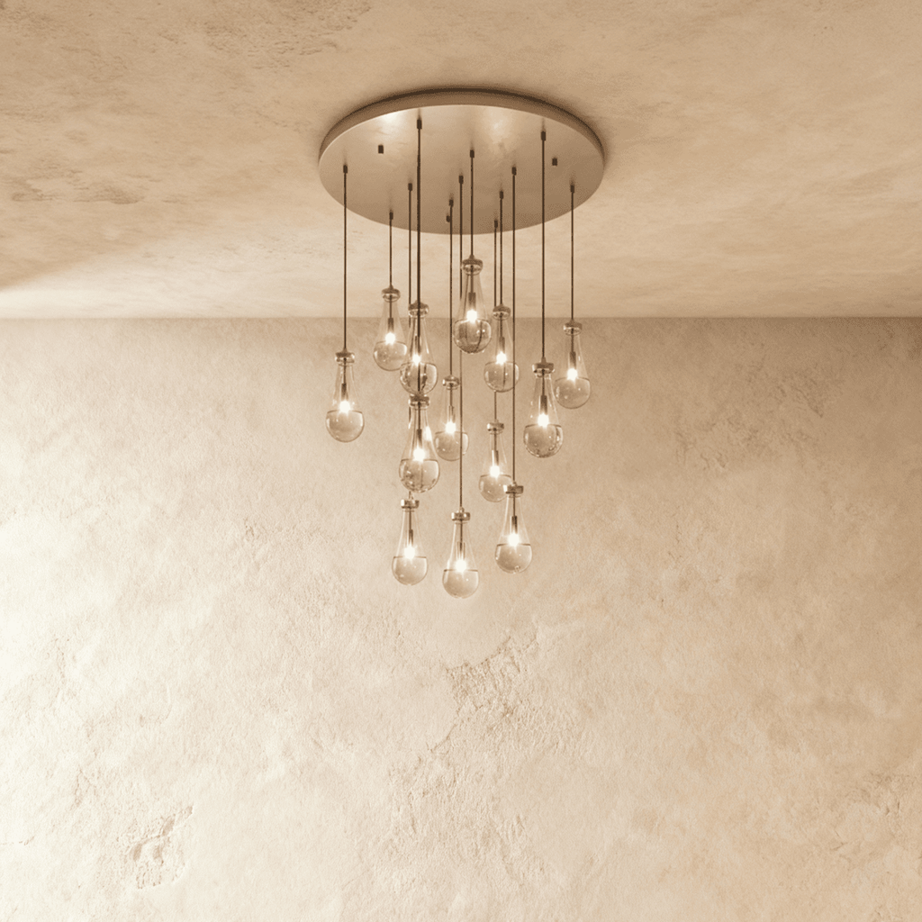 AquaLume Raindrop Glass Chandelier with Underwater Glow and Metal Frame