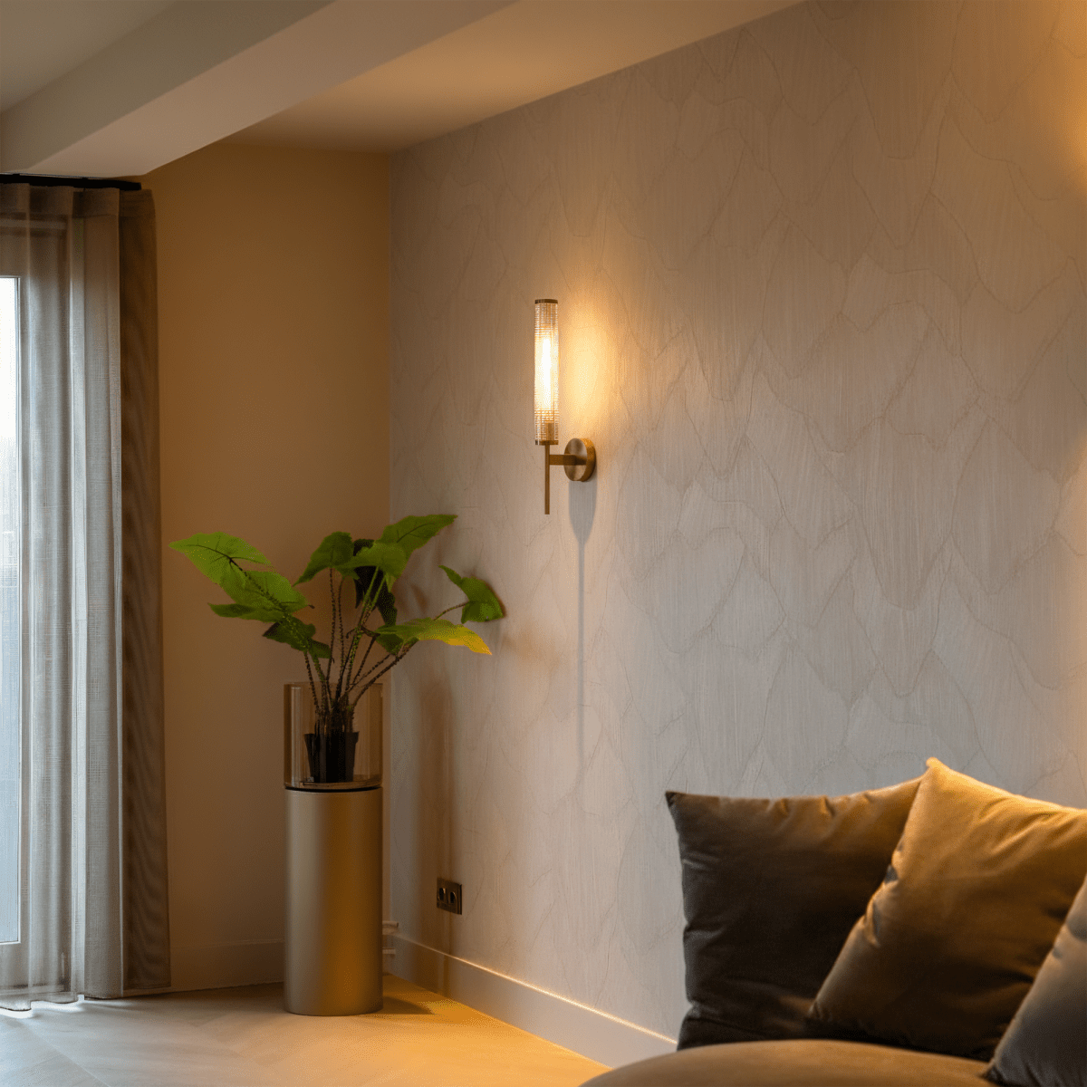 AuraLume Textured Cylindrical Glass Shade Wall Lamp in Brass or Iron