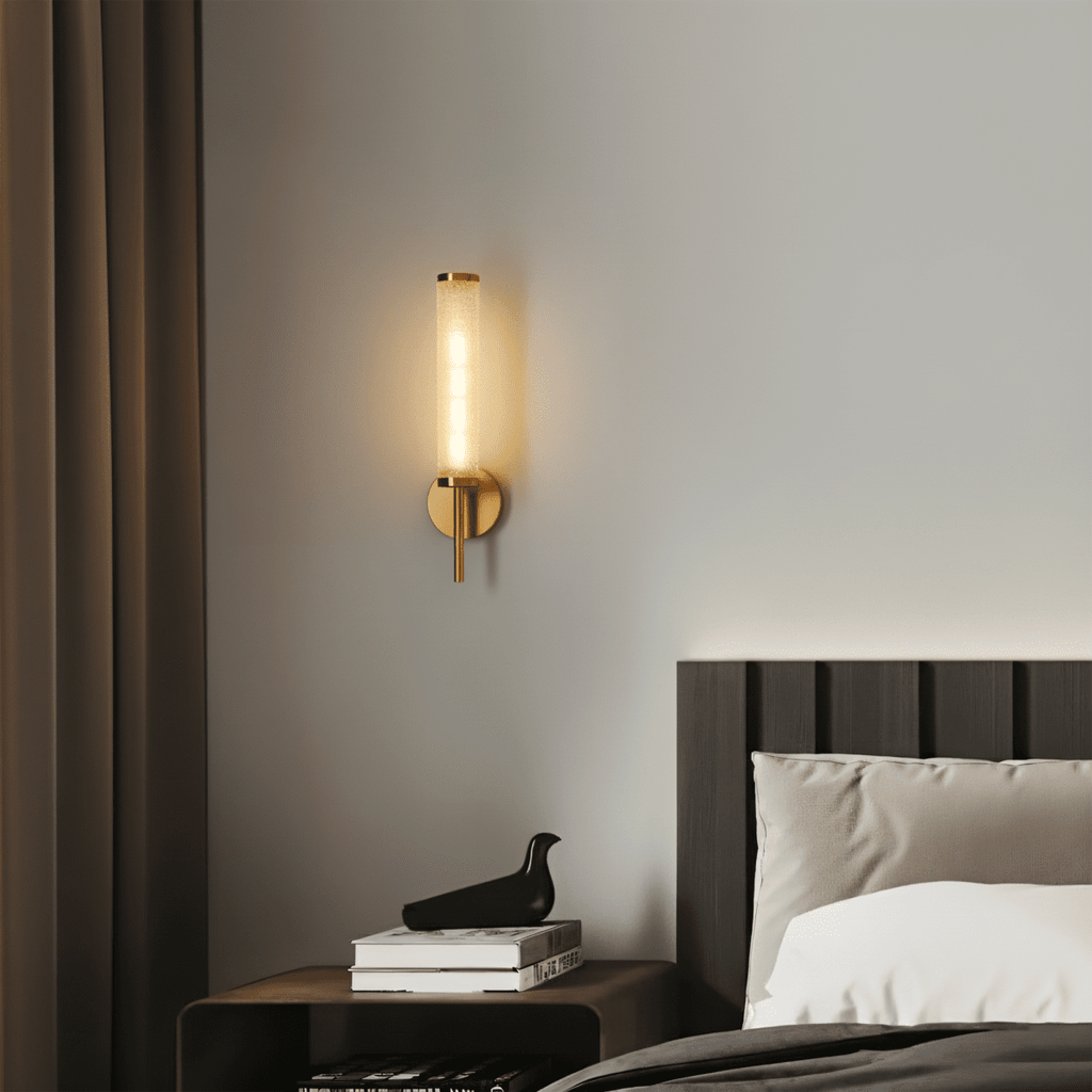 AuraLume Textured Cylindrical Glass Shade Wall Lamp in Brass or Iron