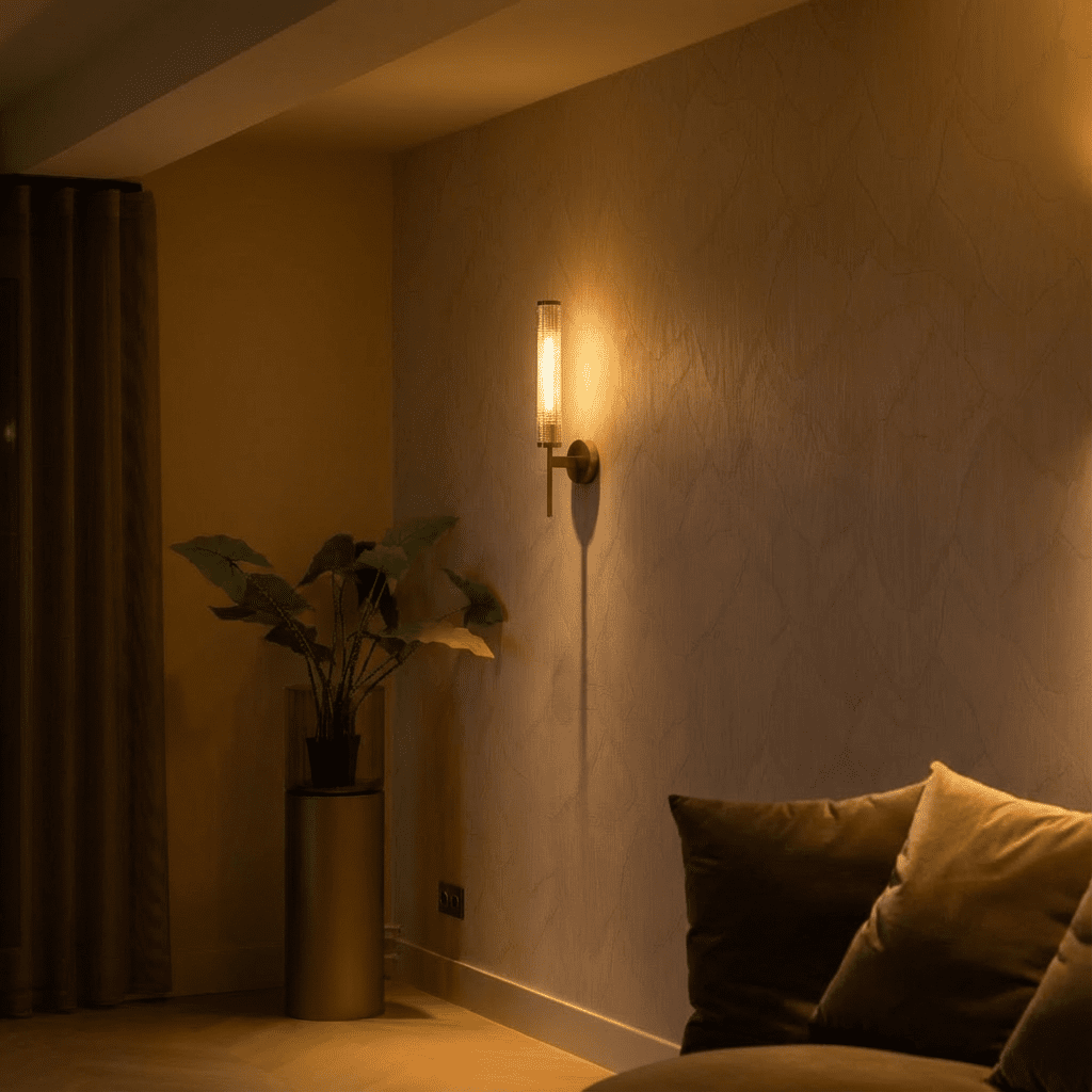 AuraLume Textured Cylindrical Glass Shade Wall Lamp in Brass or Iron
