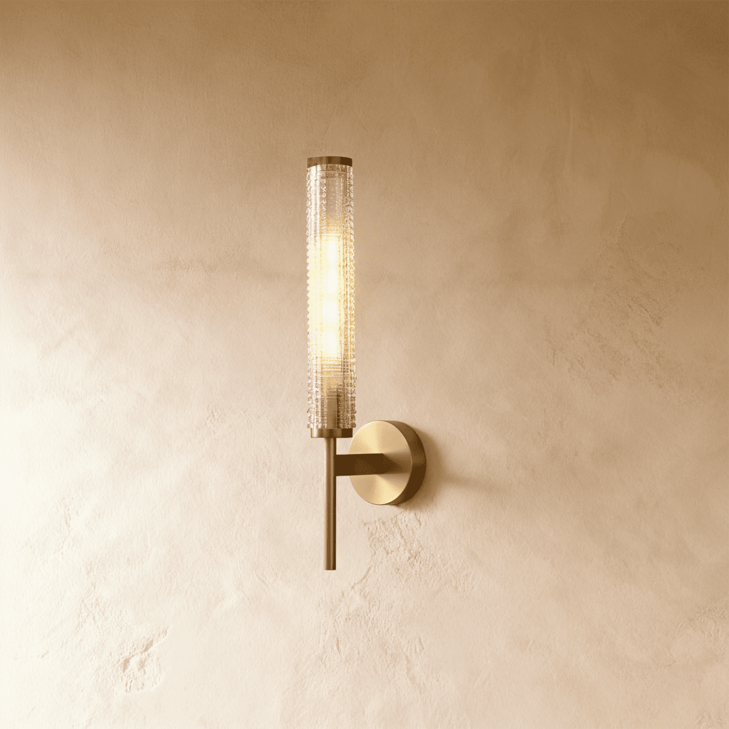 AuraLume Textured Cylindrical Glass Shade Wall Lamp in Brass or Iron