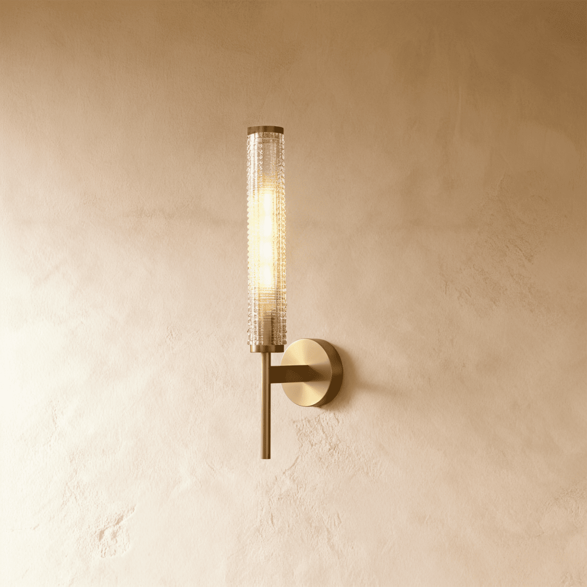 AuraLume Textured Cylindrical Glass Shade Wall Lamp in Brass or Iron